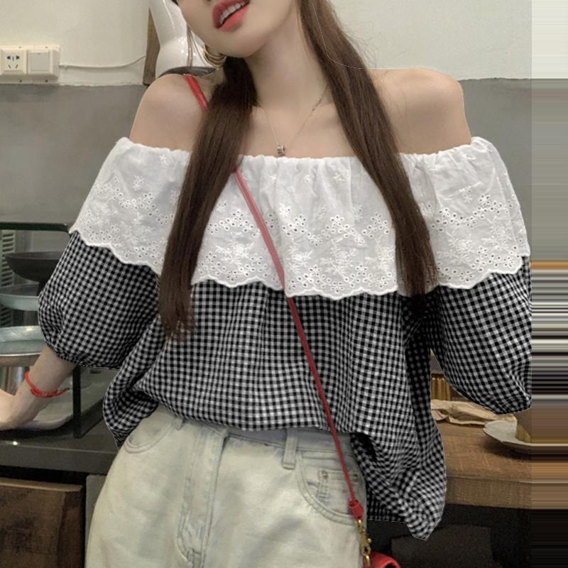 

VONDA Женские летние кружевные контрастные клетчатые блузки с открытыми плечами и короткими рукавами S чёрный