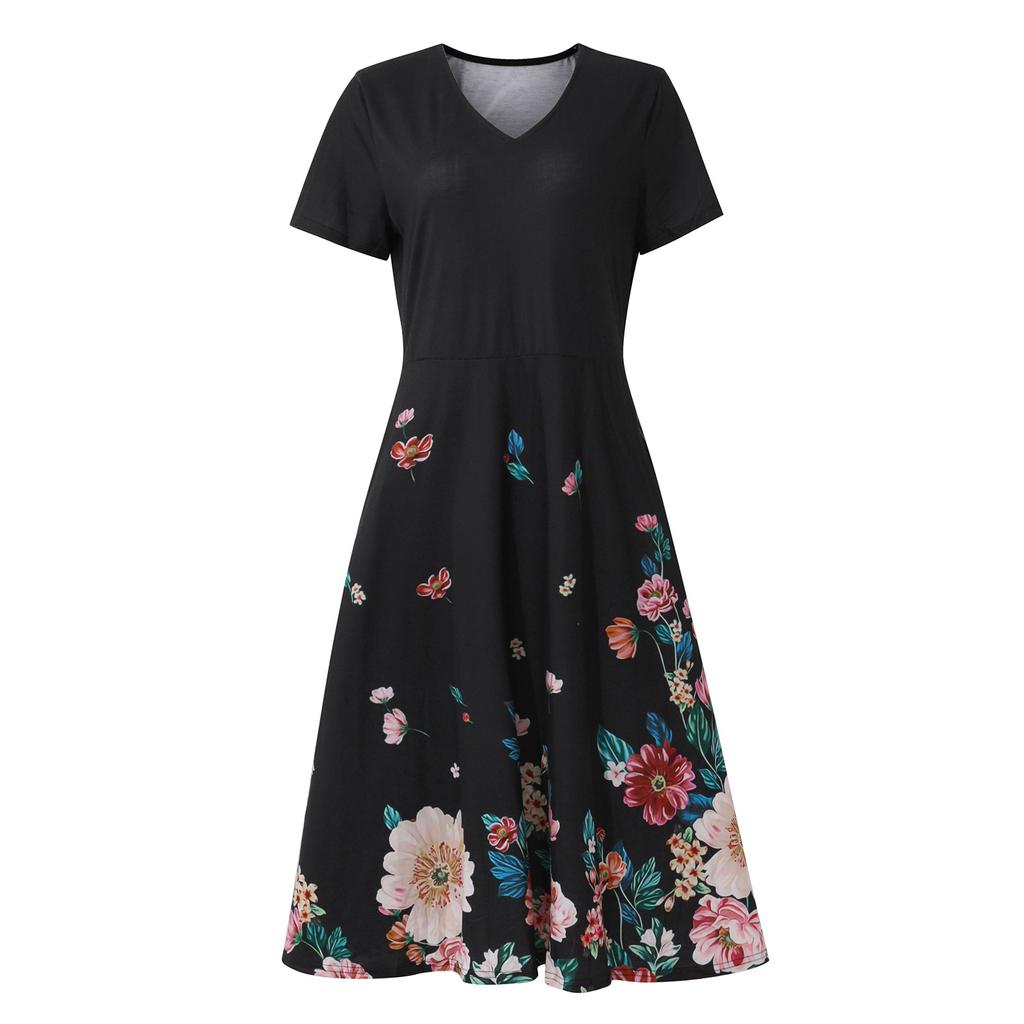 Women's Summer Casual Fashion Floral Print Short Sleeve V-Neck Swing Dress