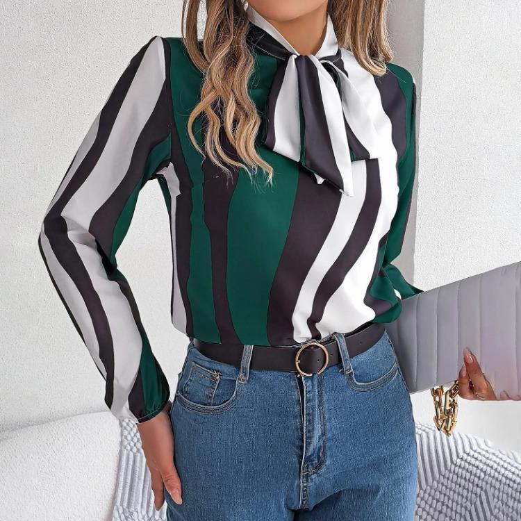 Fashion Women Long Sleeve Blouse Stripe Print Bow Collar Shirt Spring Autumn Top Temperament