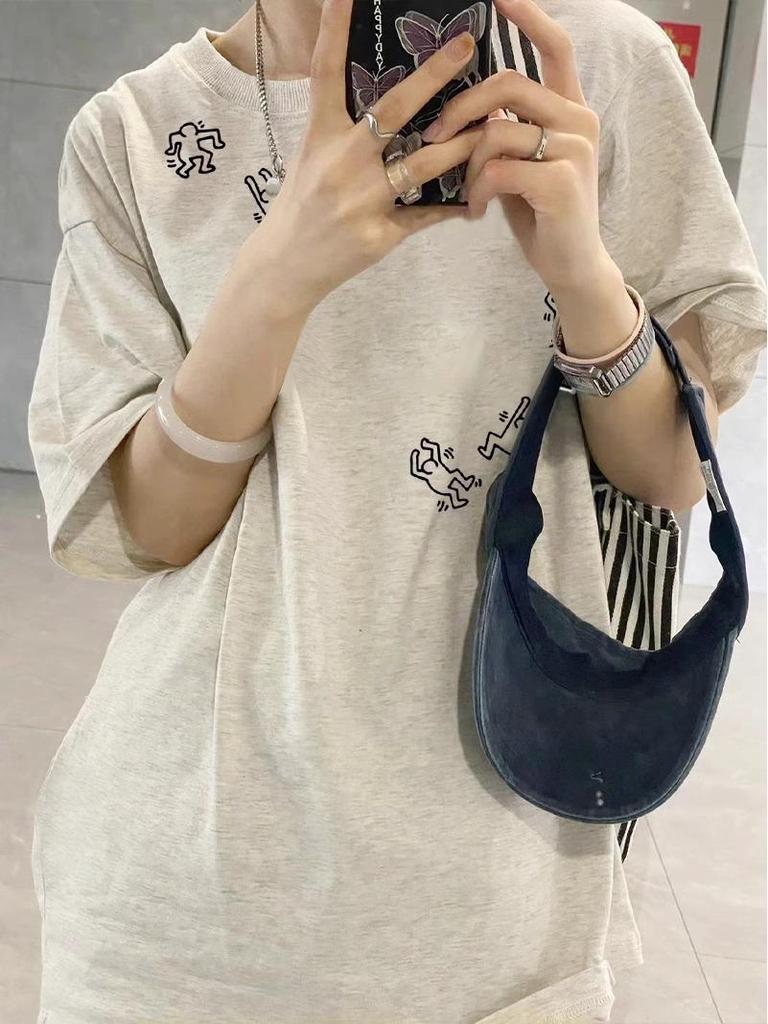 Damen 2025 Schwergewichtiges Graues Baumwoll-Sommer-T-Shirt mit Lockerem Halbem Ärmel