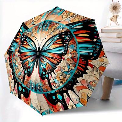 1 Stück Schmetterling Mandala Automatischer Regenschirm Hochwertiges Schirmdach, Tragbarer Faltregenschirm mit, Ideales Geschenk für - Reisen, Alltag, Formelle Anlässe, Stylisch