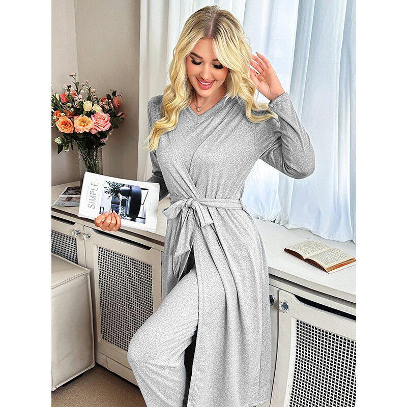 Luxury and noble solid color knitted cotton short-sleeved trousers nightgown three-piece set loungewear pajamas women