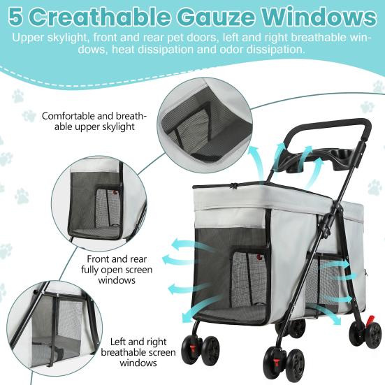 Dog Stroller with 360-degree Wheels, Foldable Pet Cart, 5 Ventilation Windows & Removable Tray, Outdoor Travel Dog Cart for Small/Medium