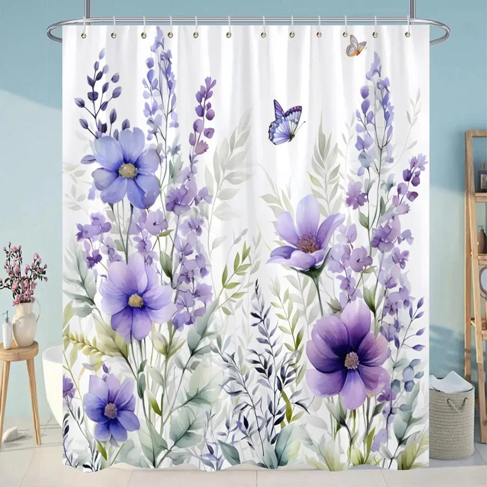 Tropiska Gröna Botaniska Duschdraperi Floral Fjäril Tvättbart Hängande Draperi Badrum Dusch och Badkar Dekor med Krokar