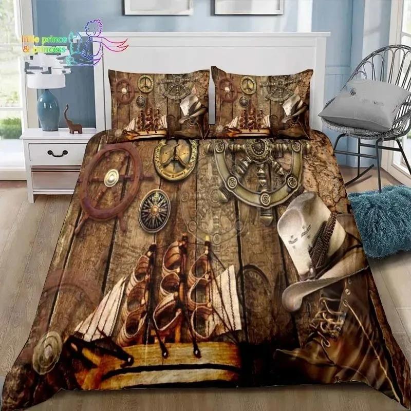 Vintage Pirater Sängkläder Set Enkel Tvilling Full Queen King Size Sängset Vuxna Pojkar Sovrum Pirater Skattkarta Sängkläder Gåva