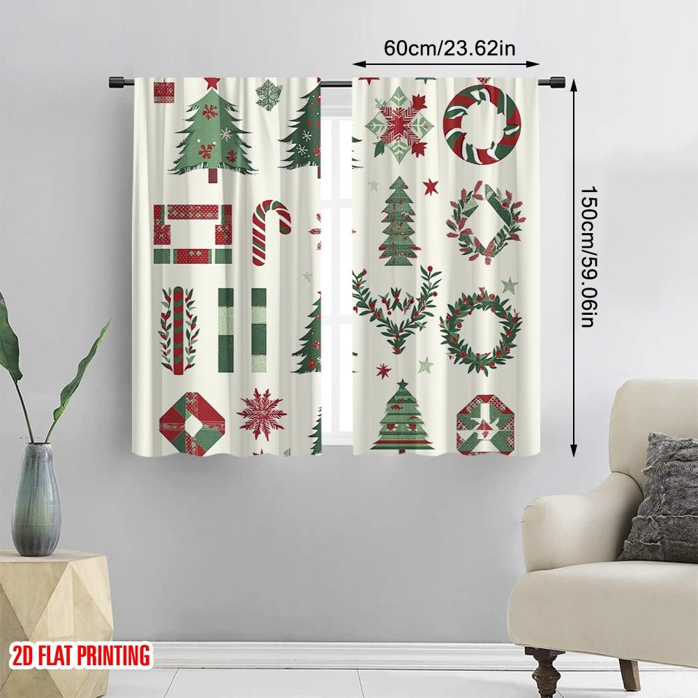 2pcs,2D Plane Printing Creative Curtains Christmas Trees Wreaths Bows Stars Durable 100% Polyester Fabric (without Rod) Holiday