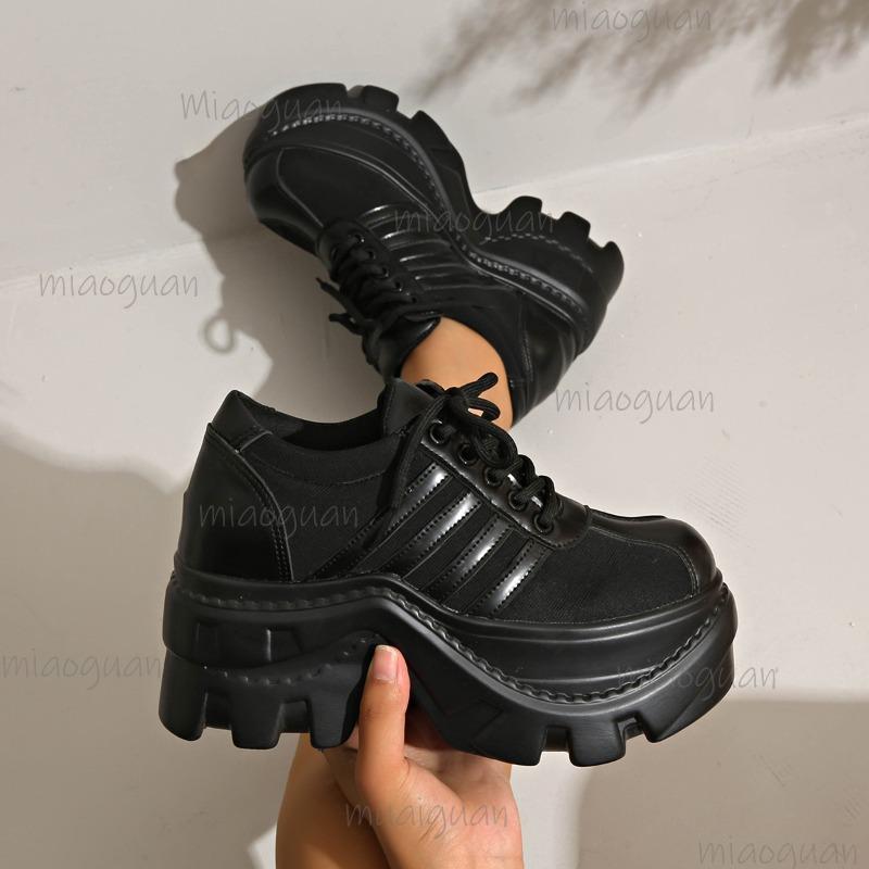 Black Platform Shoes Punk Height Increasing Lace-Up Casual Sneakers for Women Gothic Fashion Footwear Chunky Sole Size 35-42