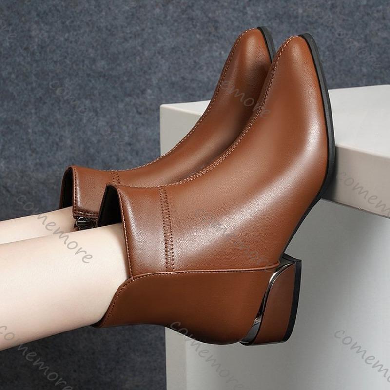 Comemore 2025 Autumn Winter New Short Boots Female Pointed Toe Side Zip Ankle Boots for Women Casual Thick Heeled Ladies Botines
