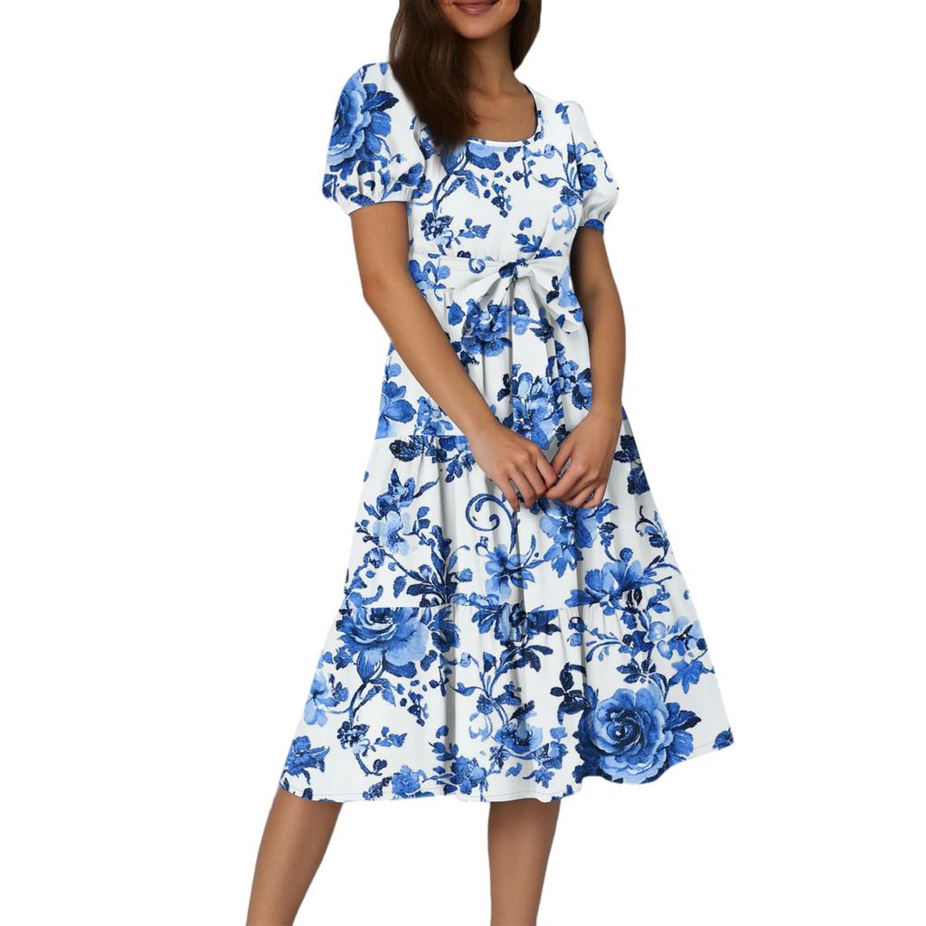 Women's Summer Floral Print Short Sleeves Neck Waistband Bohemian Flowy Maxi Dress With Pockets