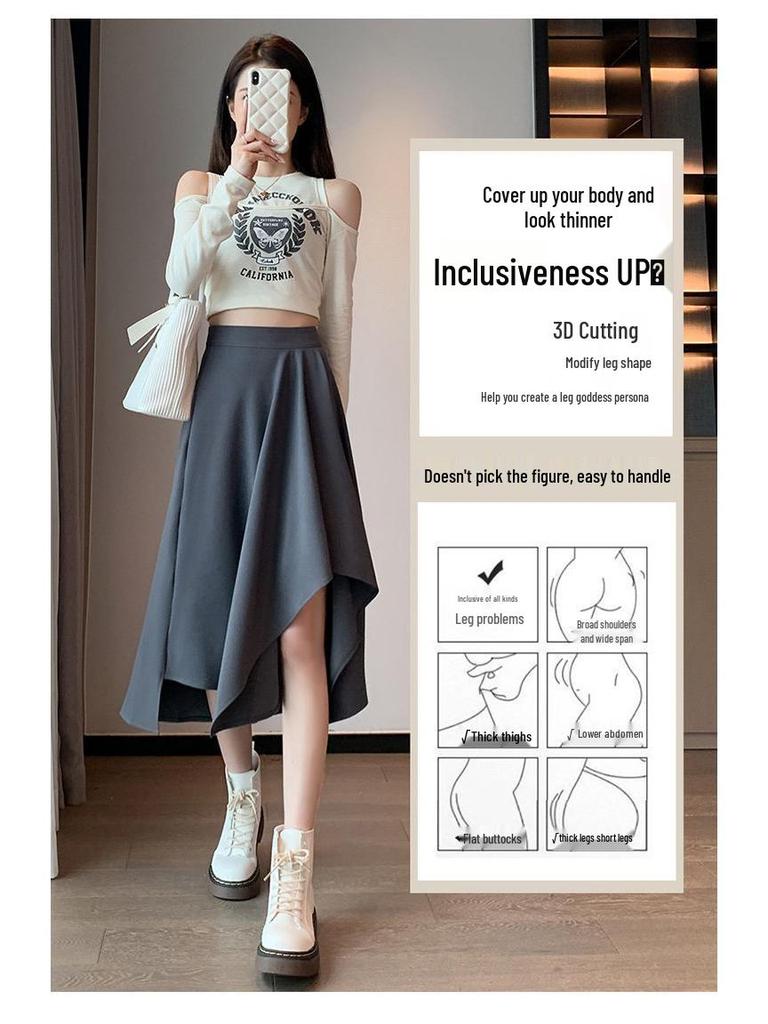 Women's Korean Style A-Line Half-Skirt, Versatile Mid-Length, Slimming Flare, Spring/Autumn Fashion.