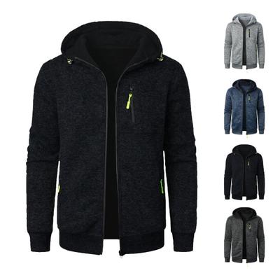 Men Fall Winter Coat Hooded Long Sleeves Elastic Cuffs Jacquard Knitted Cardigan Zip-up Solid Color Sport Jacket