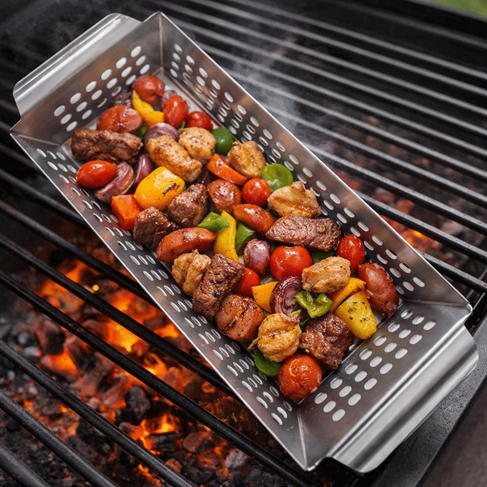Stainless Steel Grilling Plate Leakage Hole Design BBQ Tray Frying Food Holding Pan Outdoor