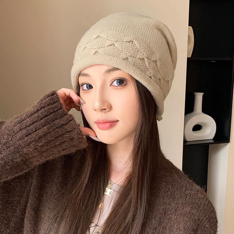 Pile Hats Women's Autumn and Winter Versatile Warm Hemming Knitted Cold Hats Big Head Circumference Showing Face Small Wool Hats
