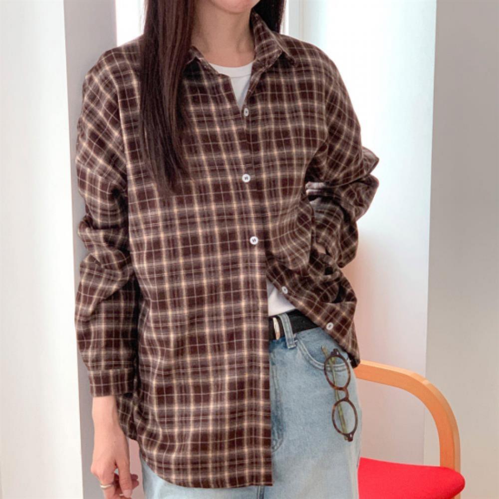 New Arrivals Open Run Women Loose Fit Long Sleeve Shirt Brown Check