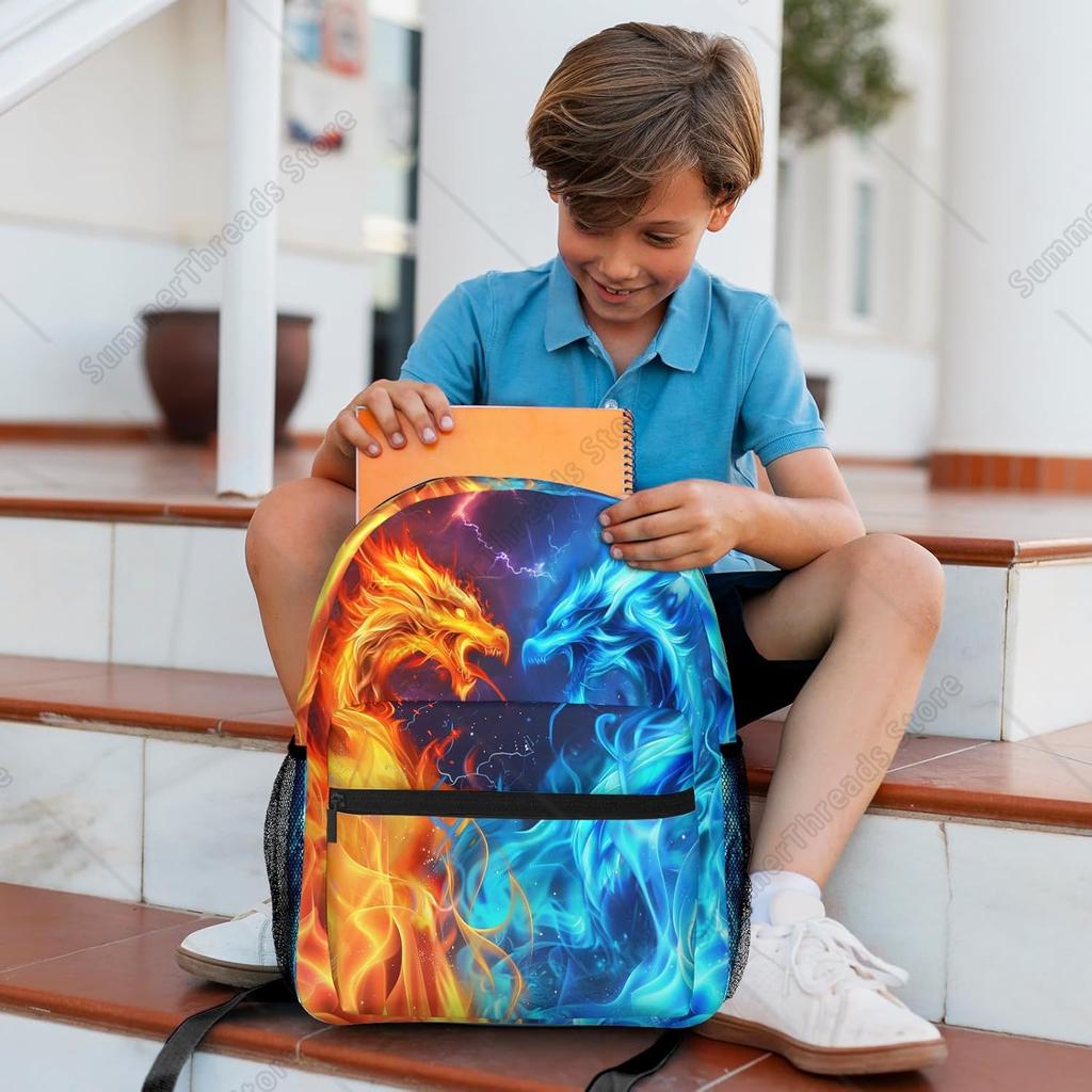 Dragons Backpack For Boys Girls Red Blue Fire Bookbags Lightweight Adjustable Elementary Middle High School Bags