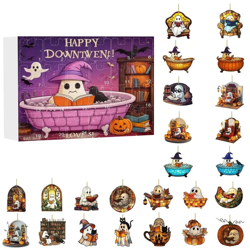 Lesender Geist Acryl Flachanhänger Set Halloween Dekorationen 24 Stile Geist Lesen 2D Ornament 24-Tage Countdown Sammlerstück