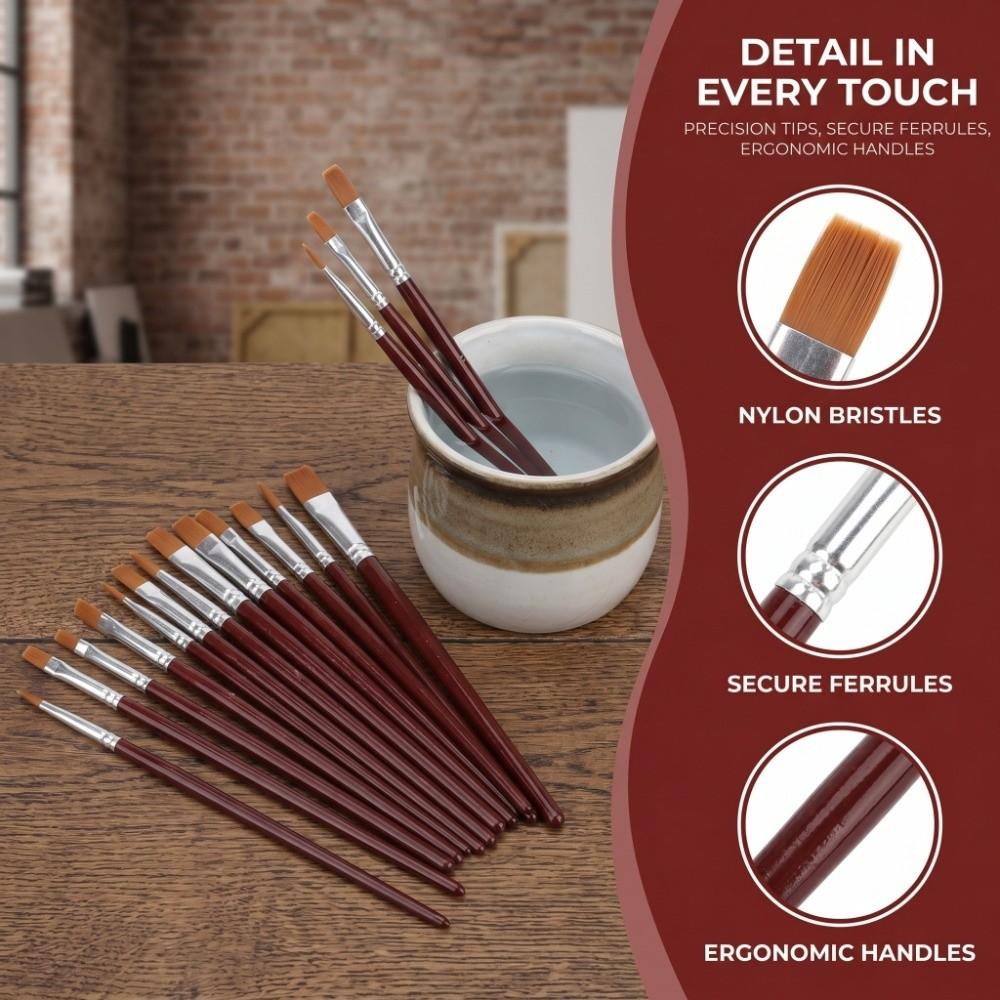 12PCS Round & Flat Head Paint Brush Set Wine Red Polished Handle Soft Nylon Fiber Watercolor Brushes Reinforced Connection