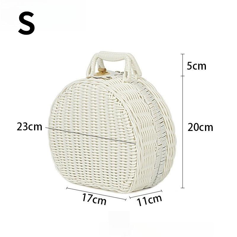 

1PC Round Hand-Carry Wicker Case Leather Snap Button Vintage Braided Rattan Gift Box Large Capacity Dust-proof Picnic Basket