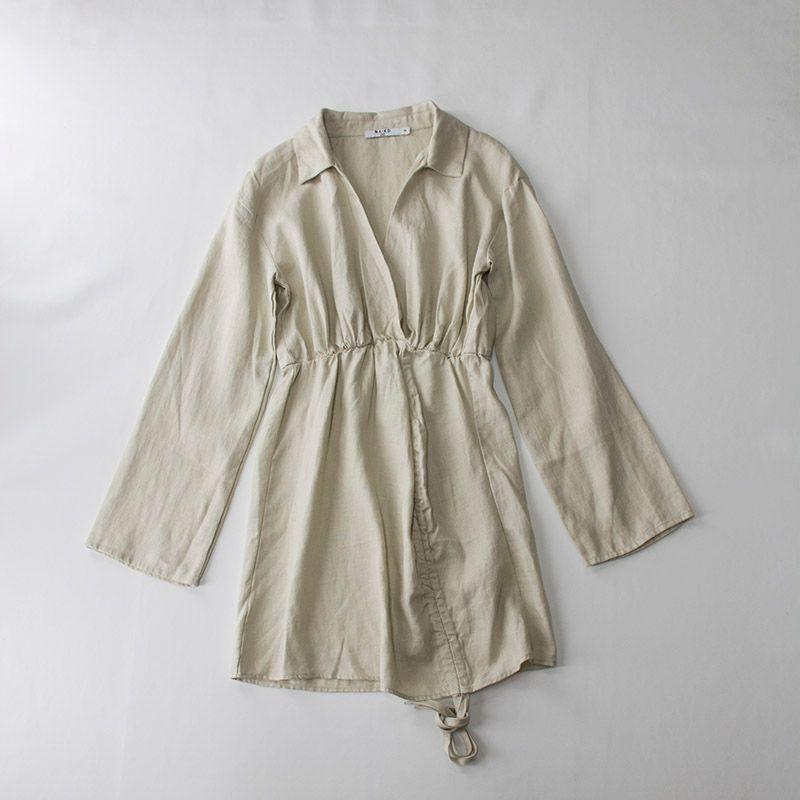 

Xiu Da Long Leg Lift Elegant Pure Linen Drawstring Adjustable Skirt Women s Short Long Sleeves Dress Beige 36
