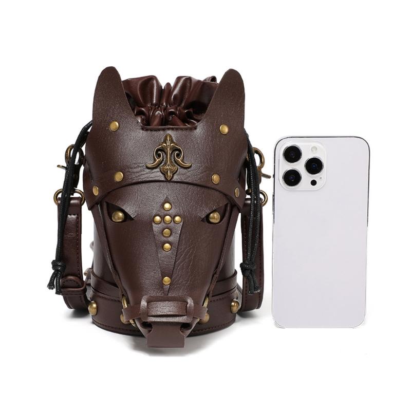 Womens Medieval Vintage Horse Head PU Leather Crossbody Bag Shoulder Bucket Bag Drawstring Pouch for Costume Parties