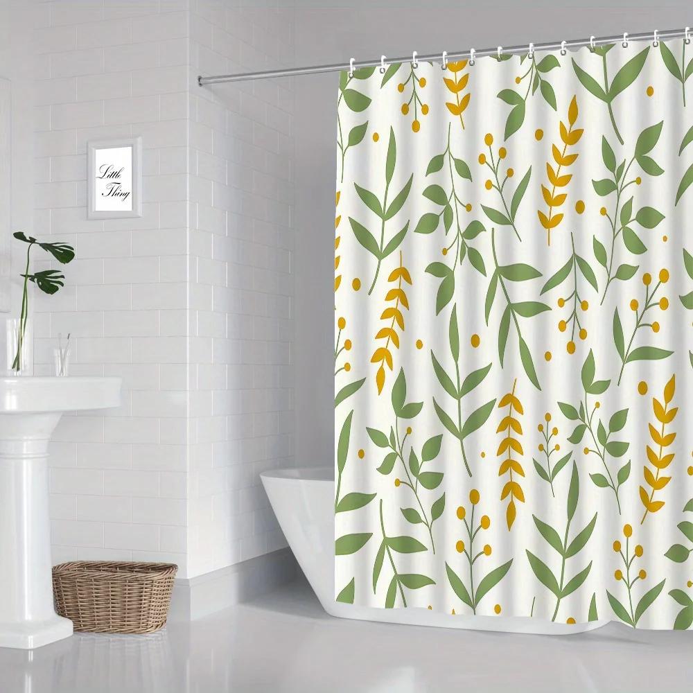 Watercolor Green Leaf Shower Curtain Digital Printing Polyester Fabric Waterproof Bathroom Decoration Home Easy to Wash