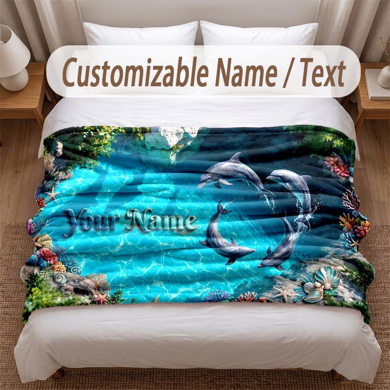 Fish Ocean Theme Soft Blanket Personalized Custom Name Text Print Warm Blanket Home Sofa Bedroom Decor