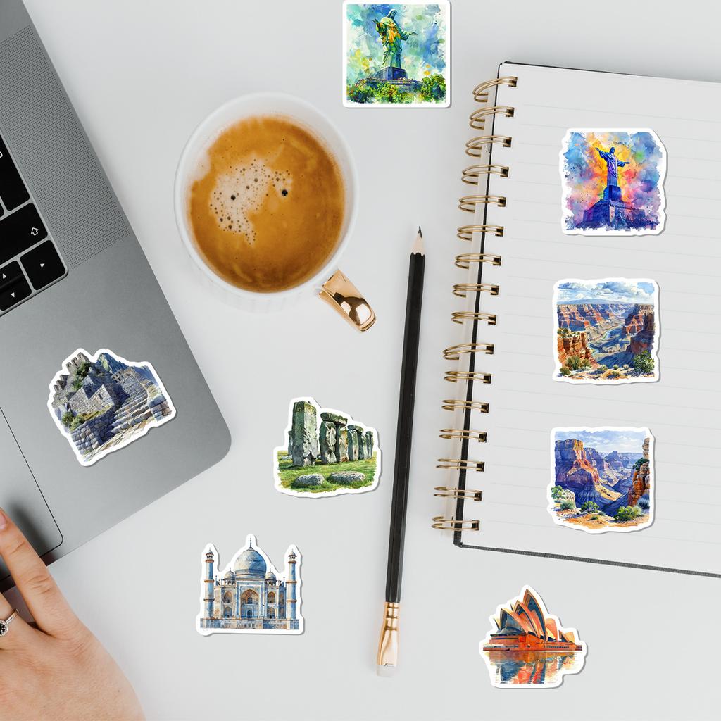 50 Watercolor Landmark Buildings Graffiti Mobile Phone Suitcase Mobile Phone Case Guitar Waterproof Decorative Stickers