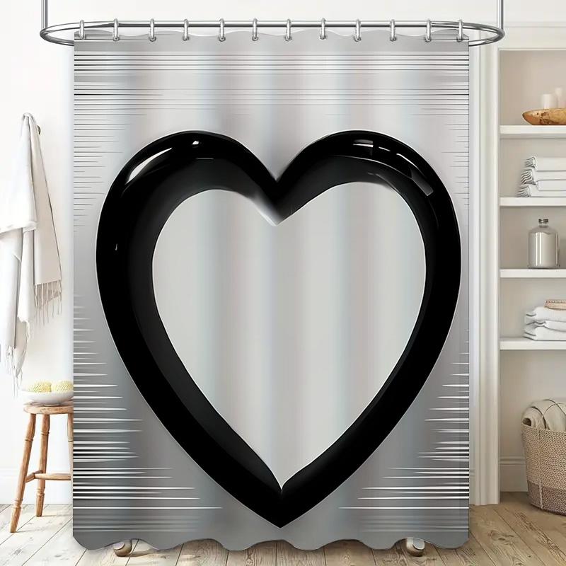 Stylish Monochrome Heart Shower Curtain - Waterproof, Mildew-Resistant, Machine Washable For Modern Bathroom Decor