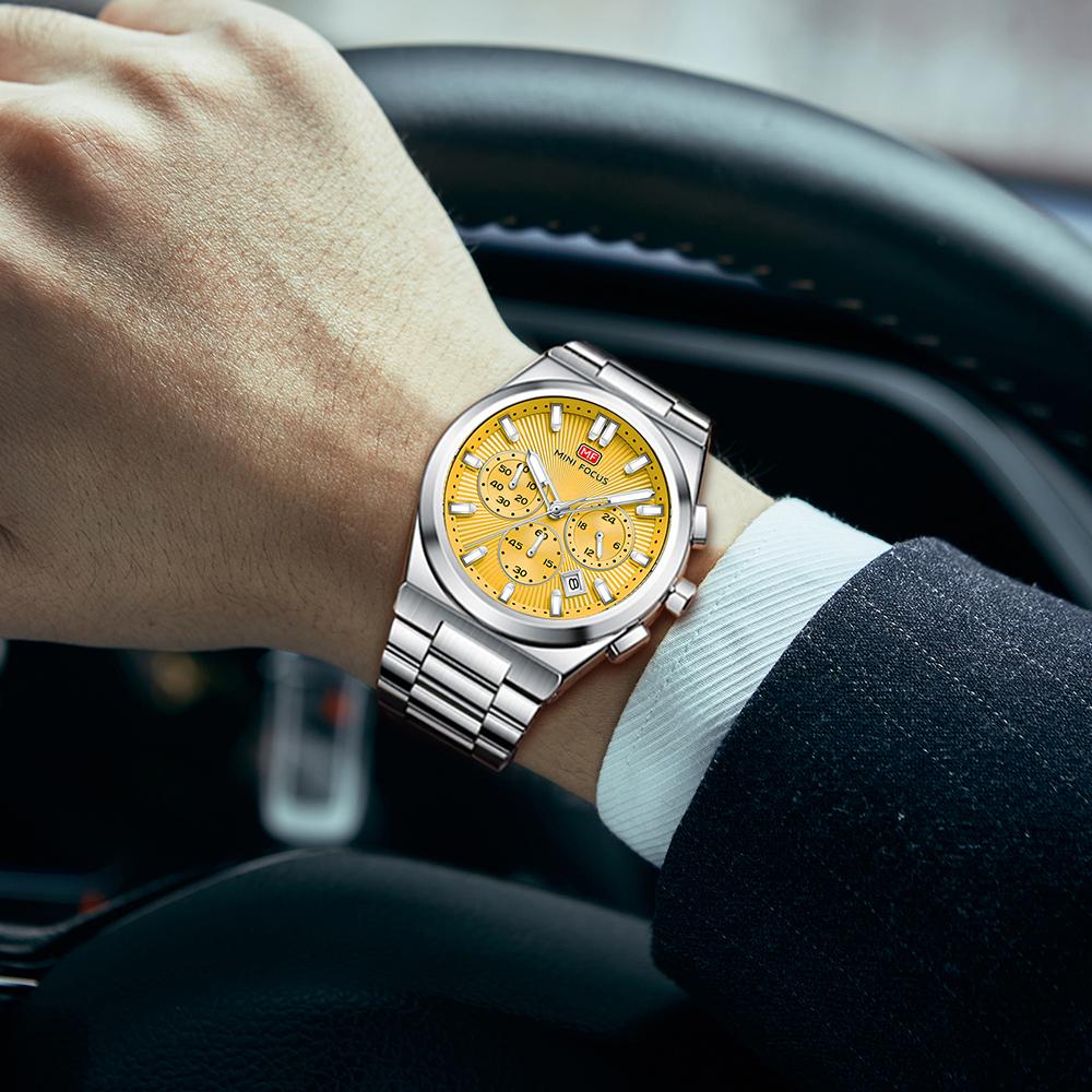 Fashion Men's Business Watches Yellow Green Dial Stainless Steel Strap Luminous Wateproof Quartz Wristwatch with Calendar