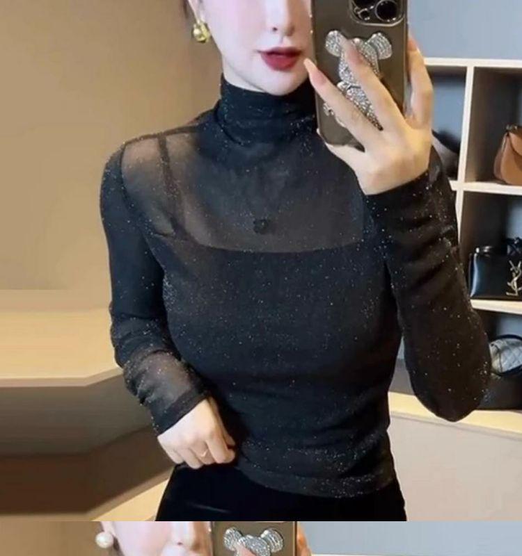 2025 Korean Style Black High Neck Mesh Slimming Long Sleeve Women's Top
