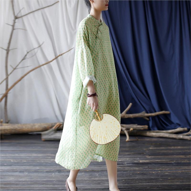 Johnature Women Green Ramie Chinese Style Dress Stand Long Sleeve Print Floral A-Line Dress Autumn Button Vintage Dress