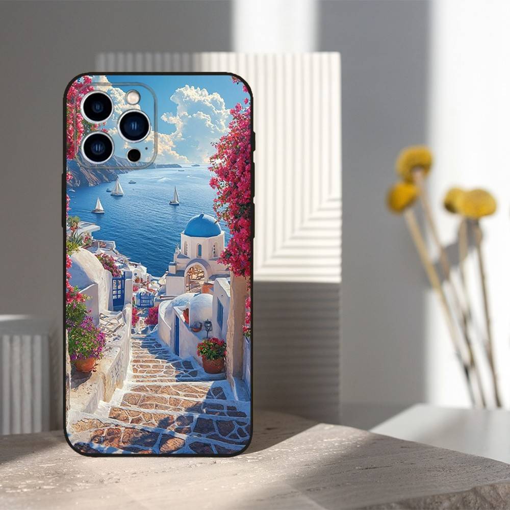 Painted Art House Scenery Case For iPhone 15,16,12,14,17,13,11,Plus,Pro Max,8,7,XR,SE,XS,X,Mini,Soft Silicone Black