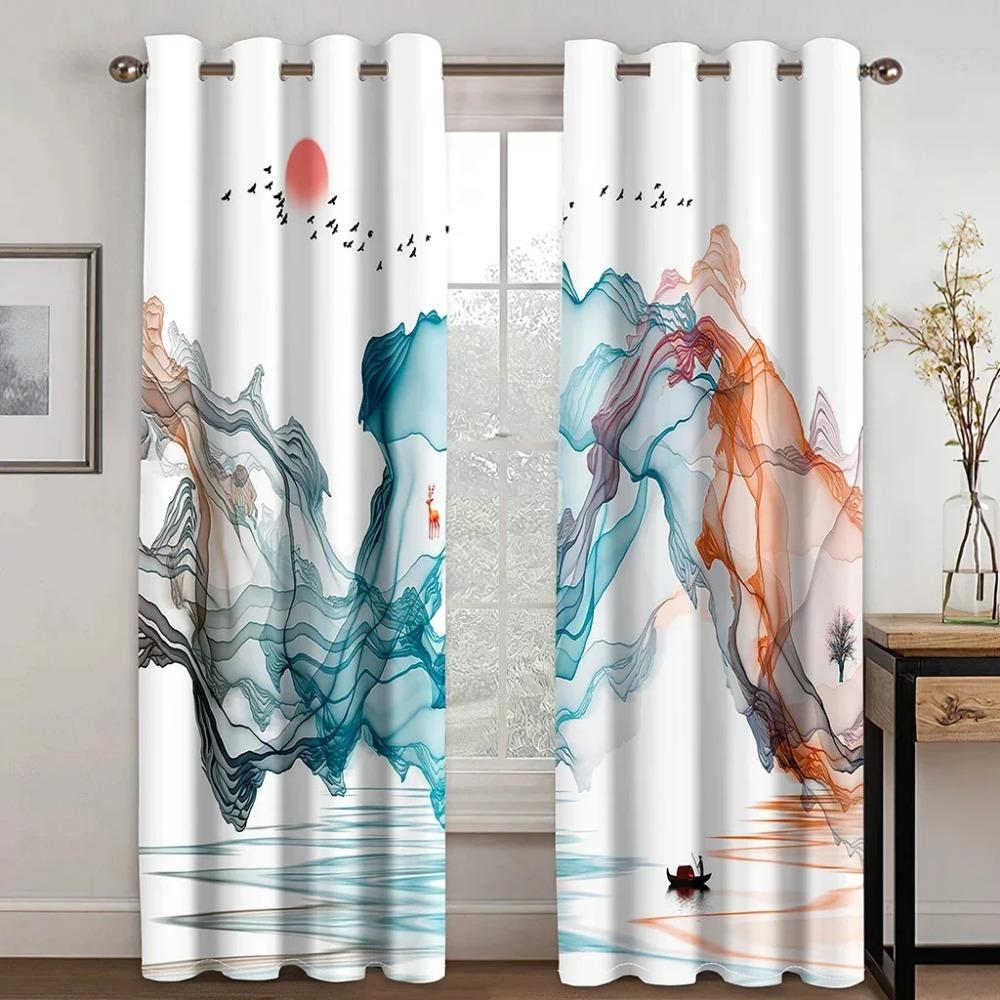 Japanese Style Chinese Painting Landscape Cloud High Shading Curtain for Bedroom Living Room Hotel Window 2 Pcs Blackout Drape