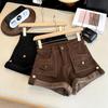 Autumn/Winter Plus Velvet High-Waisted Slimming A-Line Denim Shorts with Rolled Hem and Cargo Style