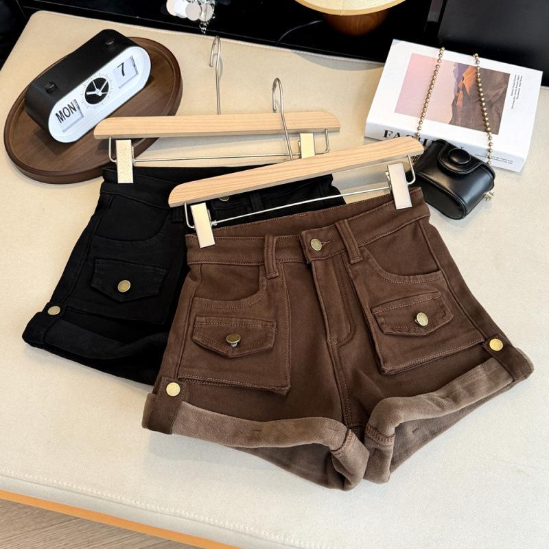 Autumn/Winter Plus Velvet High-Waisted Slimming A-Line Denim Shorts with Rolled Hem and Cargo Style