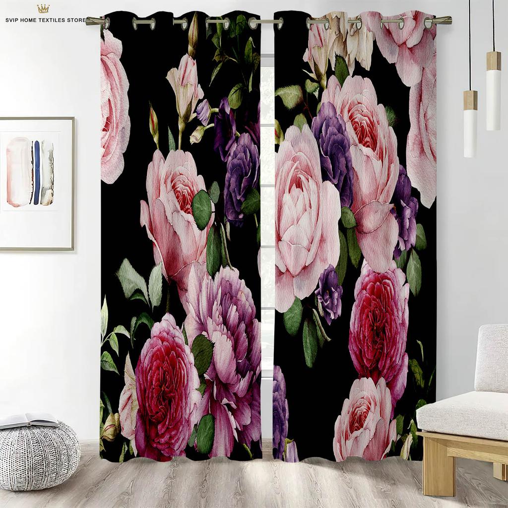 Floral Printed Curtains for Bedroom, Romantic Pastoral Style, Easy to Wash and Care, Home Decoration, 2 PCs
