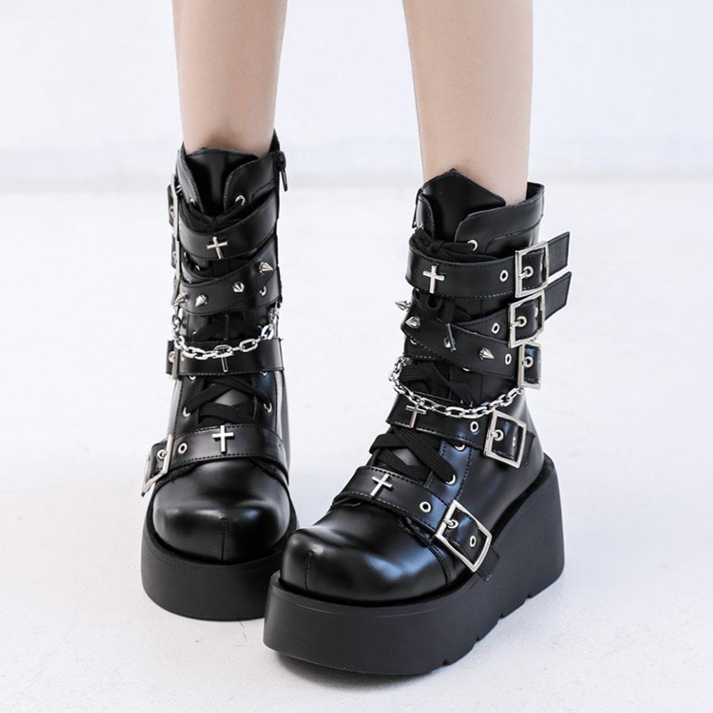 Fashion Brand New Ladies Goth Platform Ankle Boots Fashion Buckle Zip Rivet Punk Wedges High Heels Womens Boots Party Street Woman Shoes