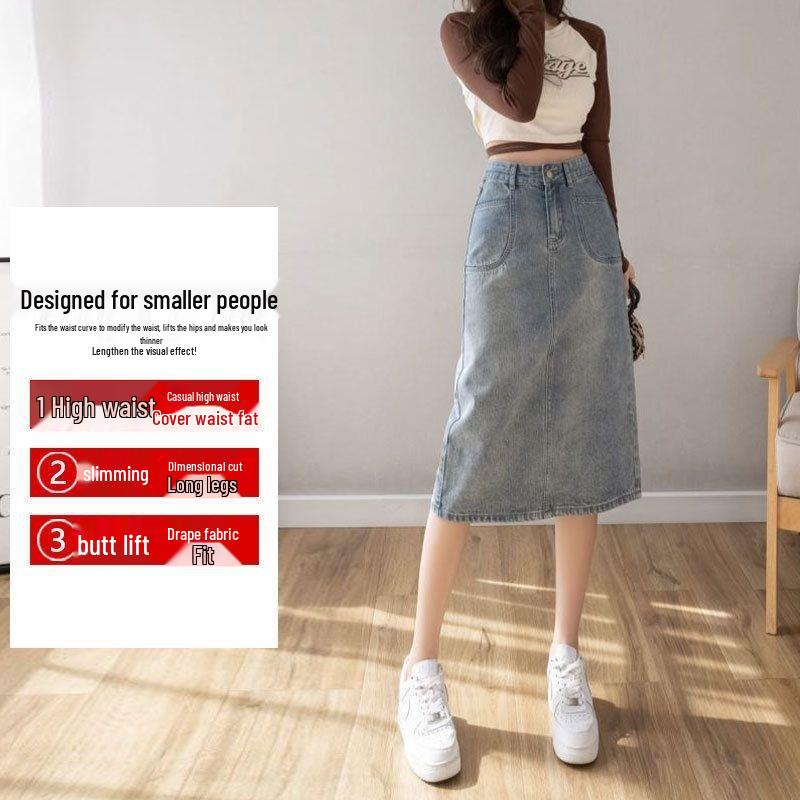 

145cm A-Line Back Slit Denim Half Skirt for Shorter Individuals - Summer Mid-Length XL: 119-132 lbs
