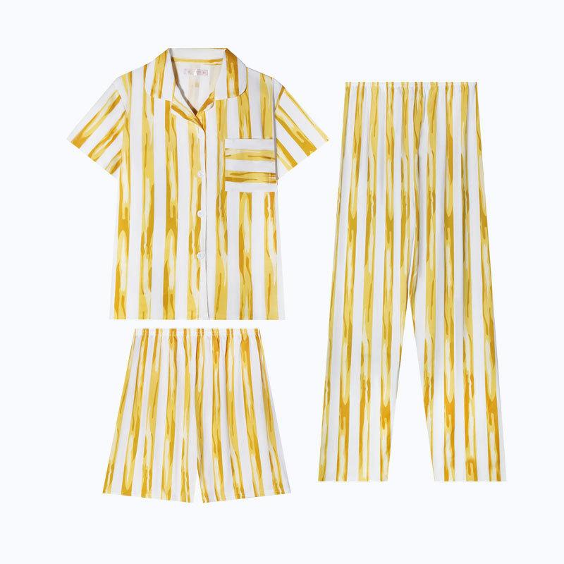 Pajamas Women'S Japanese Simple Yellow Striped Summer Short-Sleeved Shorts Trousers Loose Large-Size Loungewear Set