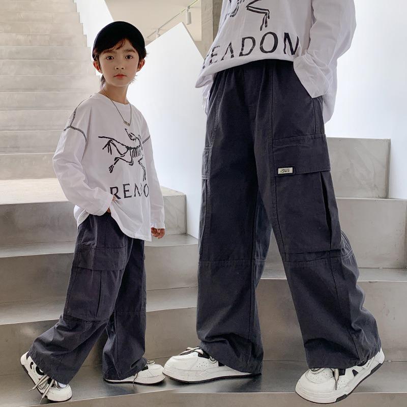 Boys Solid Color Cotton Casual Cargo Pants Spring Autumn Loose Long Trousers For Big Kids