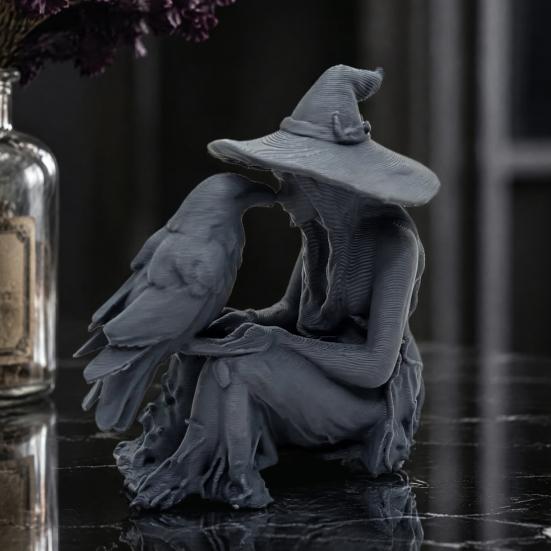 Vintage Style Witch Statue 3D Printed Statue, Gothic And Raven Sculpture, Indoor Outdoor Halloween Mystical Figurine for Home Desktop Shelf