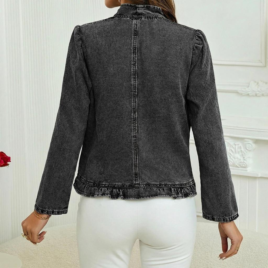 Giacca Corta da Donna Moda Tinta Unita in Denim a Maniche Lunghe con Bordi Arricciati Capospalla Casual Leggero per l'Uso Quotidiano