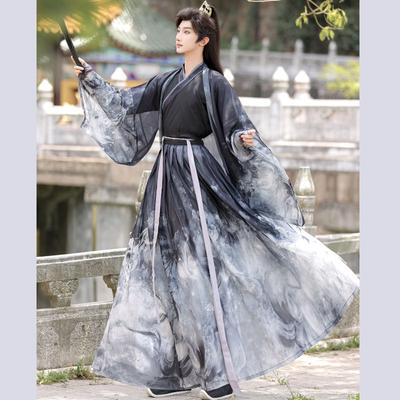 Ķīniešu Wei un Jin dinastiju stils Hanfu vīriešu kaligrāfija, melns elegants bruņinieka cīņas mākslas tērps