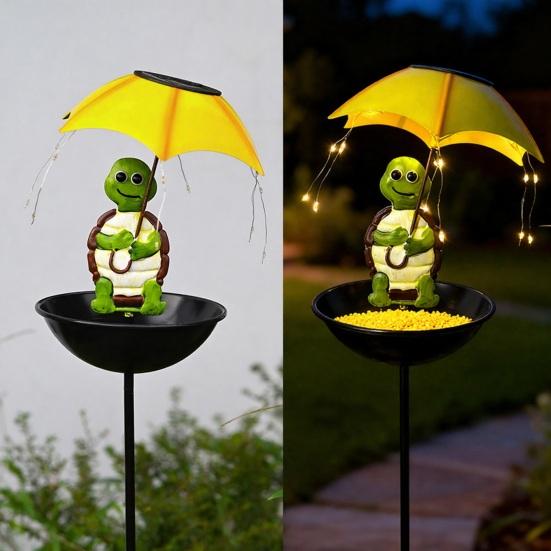Solar Bird Feeder Stake Outdoor Garden Patio Yard Holding Umbrella Frog Fox Snowman Turtle Bird Bath Watering Station Feeding Device with Light
