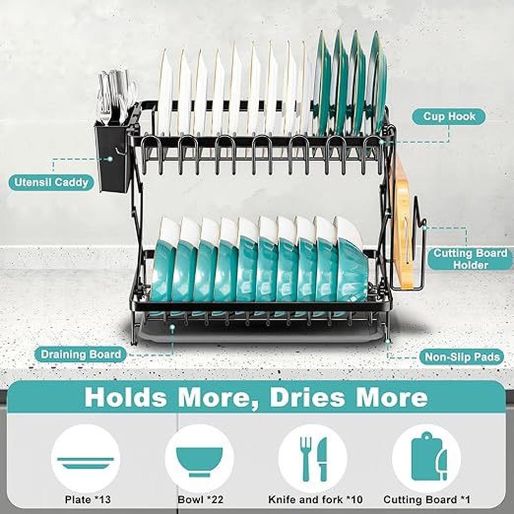 Foldable 2 Tier Stainless Steel Kitchen Dish Rack With Utensil Holder And Non-Slip Base For Countertop Storage