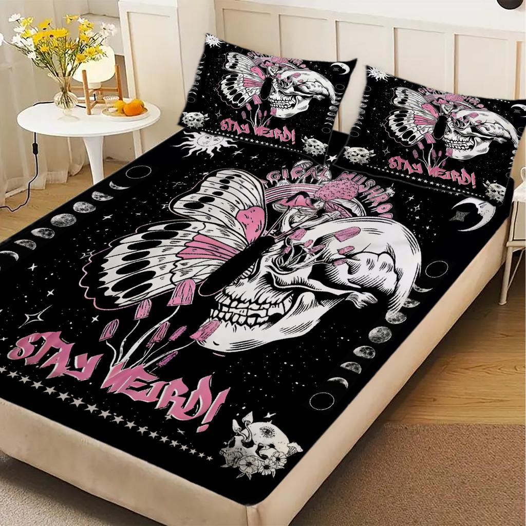 1 Stück Gothic Pink Flügel Totenkopf Druck Spannbettlaken 100% Polyester Langlebiges Bettwäsche-Set Laken für Zuhause Schlafzimmer Dekoration Geburtstagsgeschenk