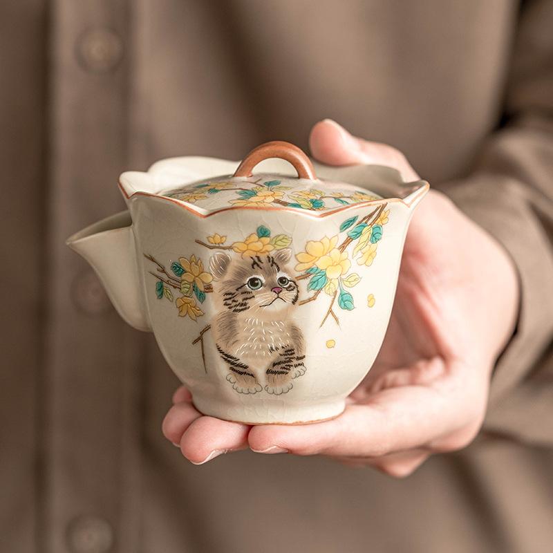 Chinese Tradition Ru Kiln Ceramic Tea Cup Hand-painted Cute Cat Flower Tea Bowl Handmade Teacup Exquisite Household Tea Set Gift