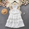 Summer Holiday Flower Embroidery Patchwork White Tank Long Maxi Dress Women's Sleeveless V Neck Lace Trims Hollow Out Beach Robe