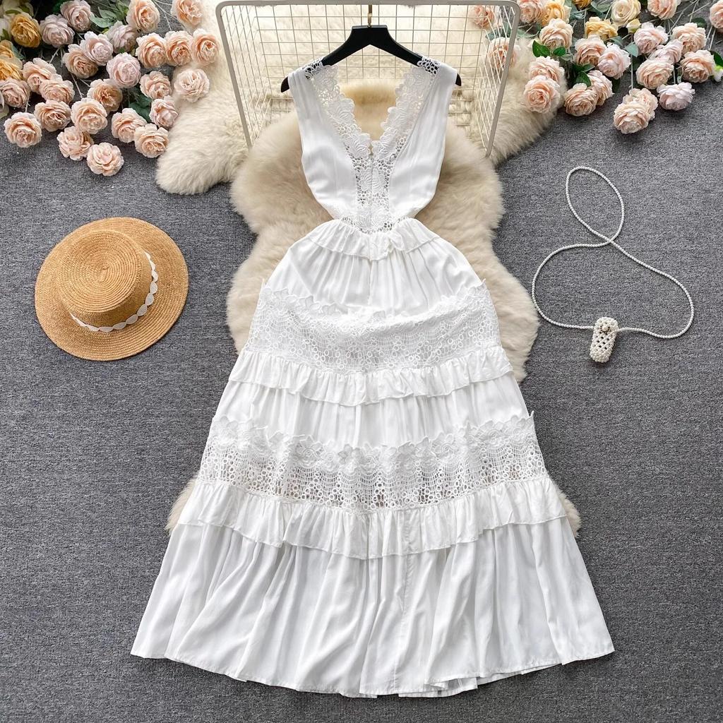 Summer Holiday Flower Embroidery Patchwork White Tank Long Maxi Dress Women's Sleeveless V Neck Lace Trims Hollow Out Beach Robe
