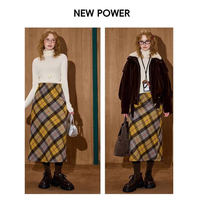 Coolhut American Retro High-Waisted Slimming A-Line Woolen Plaid Warm Casual New Winter Skirt